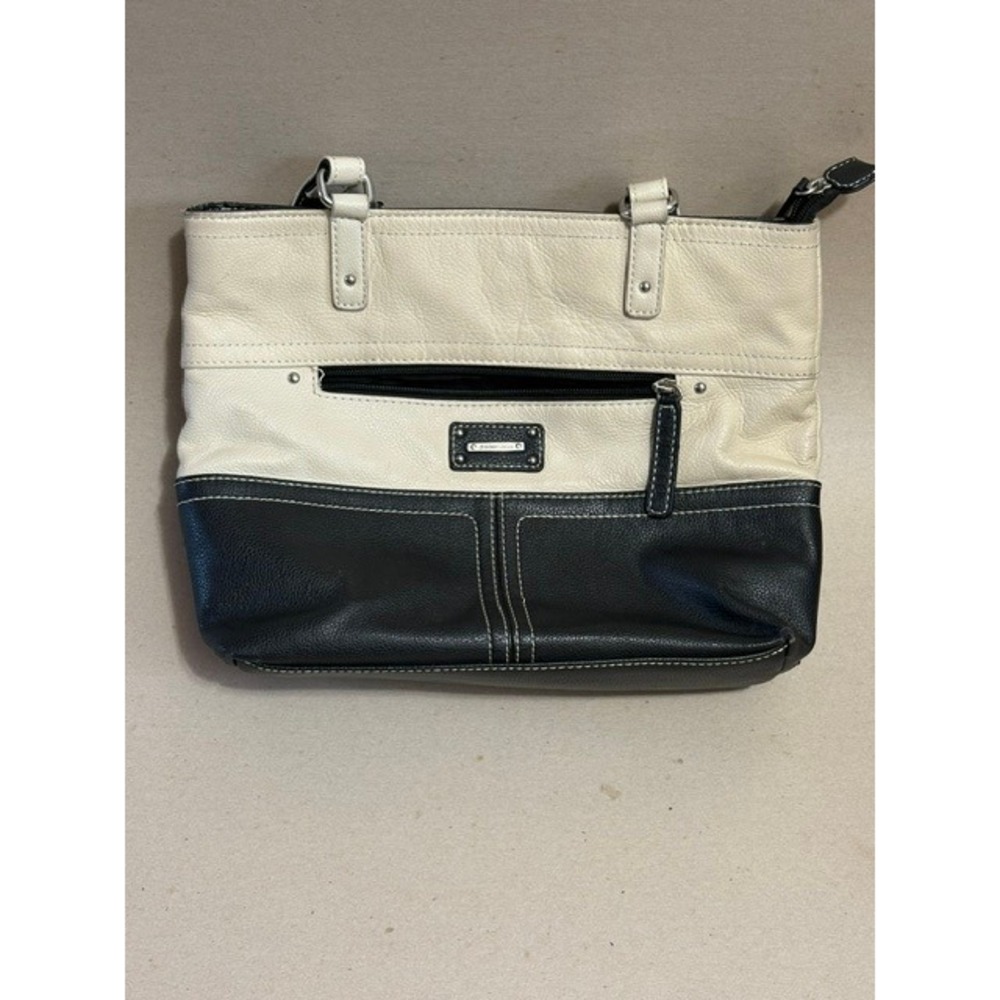 Stone & Co Black Cream Leather Colorblock Shoulder Bag Tote Contrast Stitch